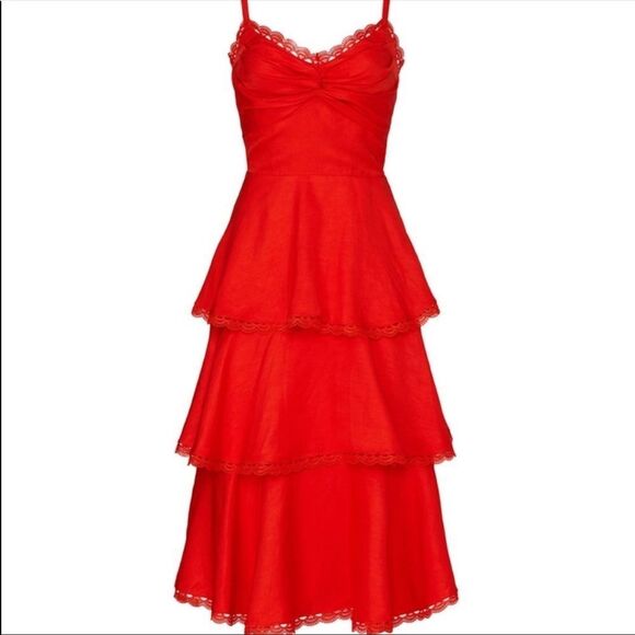 Marchesa Notte Red Tiered Midi Dress - Picture 2 of 13